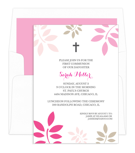 Pink and Tan Botanical Leaves with Cross Invitations